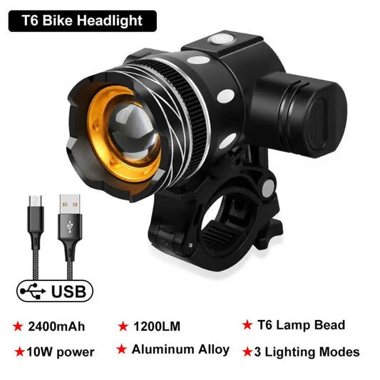 T6 LED Bicycle Front Light USB Rechargeable Lantern 2400mAh for Zoom Bike Headlight Cycling Flashlight MTB Bike Accessories